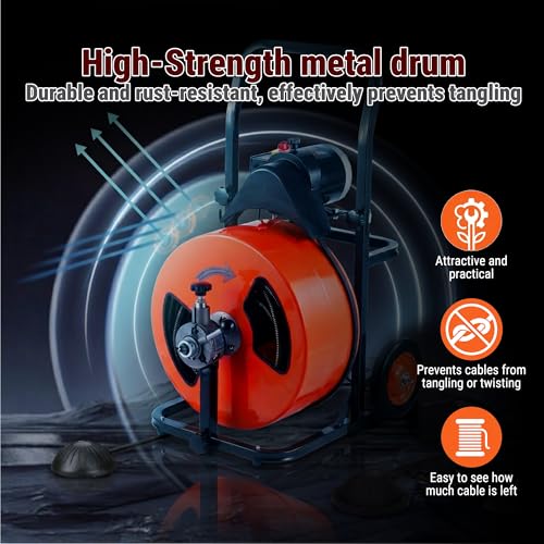 HoldwellS 100FT 3/8 Inch Drain Cleaner Machine, Upgraded Electric Feed Sewer Snake, Wheeled Telescopic Portable Drain Cleaner with 4 Cutters & Air-Activated Foot Switch for 2" to 4" Pipes - color: 100FT x 3/8inch (Auto Feed)