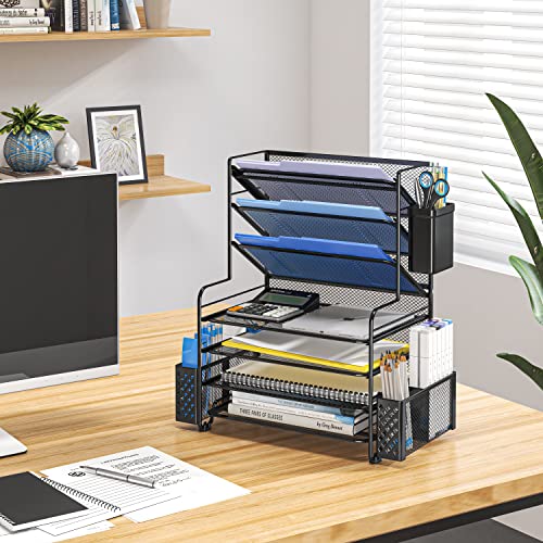 Simple Trending 7 Tier Desk File Organizer, Letter Tray Paper Organizer with Pen Holder and Metal Hanging Basket, Black - color: Pen Holder Black