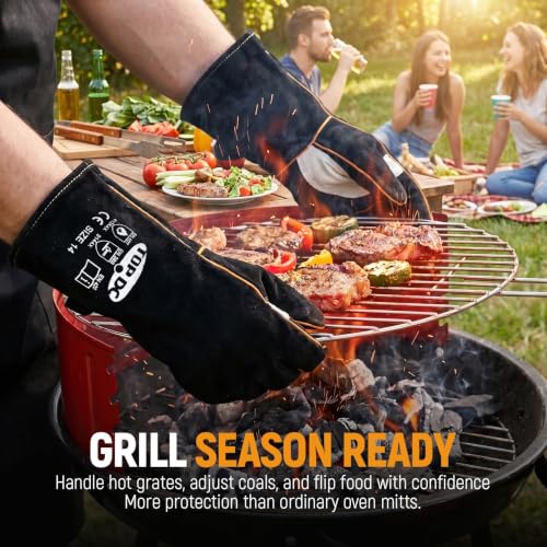 TOPDC 14Inch Welding Gloves 482°F Heat Resistant Leather for Fire Pit Grill - color: 14 Inch Black-gray