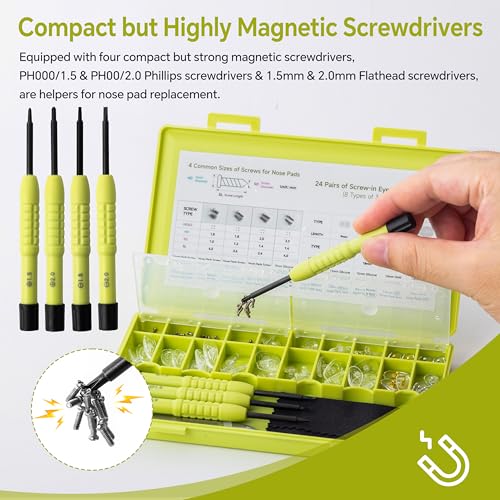 Eyeglass Nose Pads Replacement, 24 Pairs of Screw-in Glasses Nose Pads with Precision Screwdriver Set, Magnetic Eyeglass Repair Kit with Screws, Curved Tweezer for Travel, Birthday Gift, Christmas - color: Green