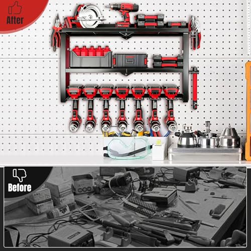 Power Tool Organizer Wall Mount, 150Lbs 3 Layer Metal Tool Storage Rack with 7 Cordless Drill Holder Heavy Duty, Battery Drills Storage Tool Organizer for Workshop,Garage,Tool Room,Pegboard - color: Without Charging Station, size: 3-Tiers,7 Slots