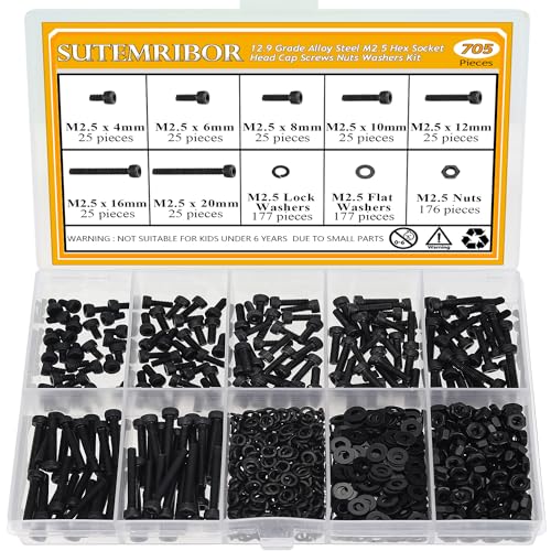 705 Pieces M2.5 Screws Nuts Washers Set Black, Sutemribor M2.5 x 4/6/8/10/12/16/20mm Hex Socket Head Cap Screws Nuts Washers Assortment Kit, 12.9 Grade Alloy Steel, Fully Threaded - size: M2.5 x 4/6/8/10/12/16/20mm Kit, style: Socket Head