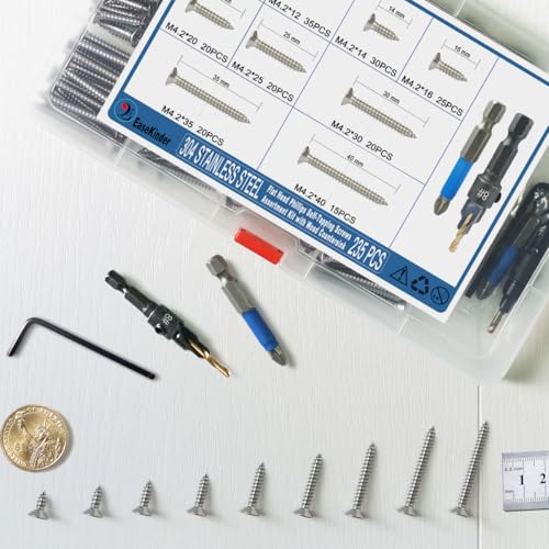 235PCS Flat Head Phillips Wood Screws Assortment Kit, 304 Stainless Steel Self-Tapping Screw with Adjustable Wood Countersink (SS304 M4.2) - size: SS304 M4.2