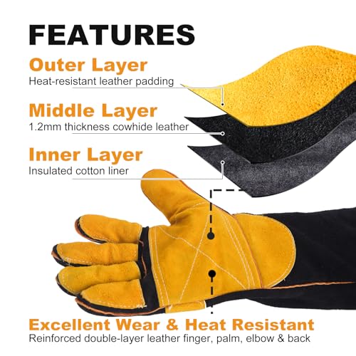 TOPDC Welding Gloves 16-Inch 932°F Heat Resistant Leather for MIG, Stick - color: 16 Inch Black-yellow