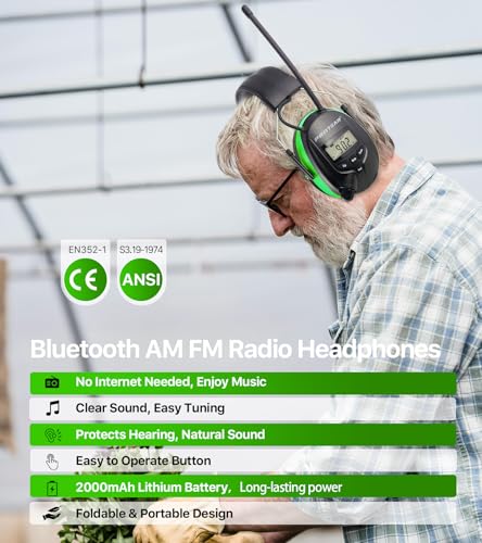 AM FM Radio Hearing Protection Earmuff, Bluetooth 5.4, 30SNR - color: Am/Fm+ Bluetooth-green