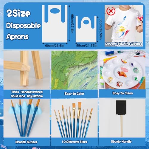 8 Pack Mini Canvas and Easel Set, 8×10 Inch Paint Party Kit Include 8 Small Easels 8 Color Palettes 8 Pen Holders 8 Sponge Brushes 16 Apron and 40 Brushes, Canvas Kit for Painting Party