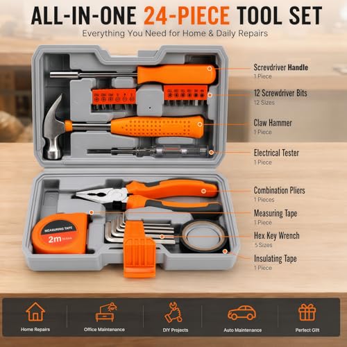 24 Pieces Small Home DIY Tool Kit for Household | Portable Home Hand Tool Box for Women, General Repair Basic Tools Kit Simple DIY Screwdriver Hammer Set for Garage, Office