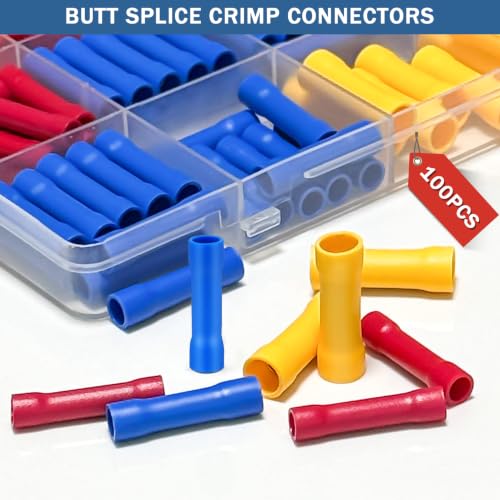 100PCS Butt Splice Connectors Kit Electrical Crimp Terminal Connector Kits - color: 100pcs-(22-10)