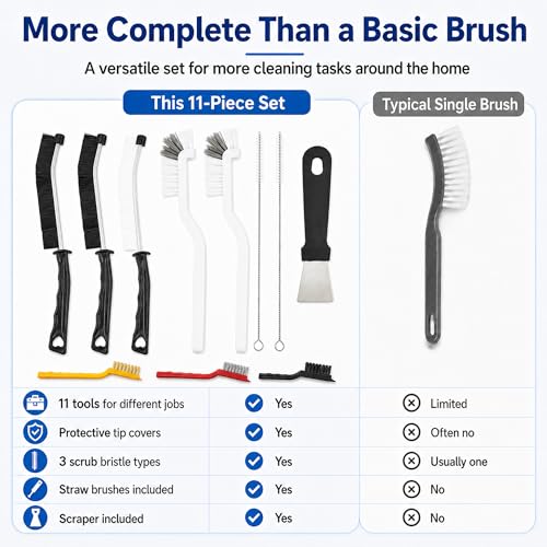 11Pcs Crevice Cleaning Brush Set, Hard Bristle Crevice Cleaning Brush Tool Kit, Thin Brush for Cleaning Tight Spaces, Gaps, Grout, Sink, Bathroom, Kitchen, Window Tracks, Bottles, Straws, with Scraper