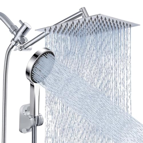 Shower Head, Rain Shower Head with Handheld Spray Combo, 10 Inch Adjustable High Pressure Rainfall Shower Head, Dual Showerhead Set with Extension Arm and 60 Inch Long Shower Hose (Silver) - color: Silver, size: 10 Inch