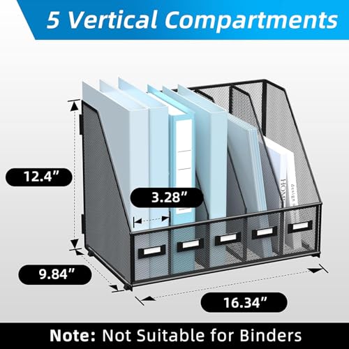 SUPEASY Desk Organizers Metal Desk Magazine File Holder with 5 Vertical Compartments Rack File Organizer for Office Desktop, Classroom, Home Workspace, Black - color: Black, size: Small