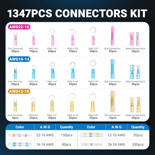 1347PCS Heat Shrink Wire Connectors Kit, Electrical Terminals & Solder Seal Connectors, Insulated Marine Grade Waterproof Ring Fork Spade Butt Splice Set for Boat Automotive DIY