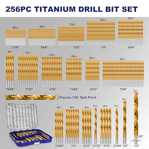 276pc Titanium Twist Drill Bit Set with S2 Bits 135° Tip High Speed Steel, Size from 1/16" up to 1/2", Ideal in Wood Cast Iron Aluminum Alloy Plastic Fiberglass, Clear Lid Case - size: 276 Piece Twist Drill Bits Set 135°