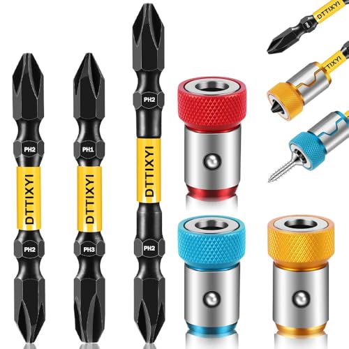 6PCS Screwdriver Head Magnetic Ring Set for Drill Drivers & Standard Chucks, Power Mag Bit Ring 1/4 Hex Shank, S2 Steel Double Ended Phillips PH1 PH2 PH3 Bits (65mm & 3IN), Magnetizer