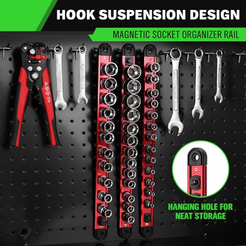 1/4-Inch Magnetic Socket Organizer Rail, Aluminum Alloy Socket Rail, Heavy Duty Sockets Holder with 14 Clips, 360° Swivel Clip Tool Tray, Sockets Organizer for Tool Box Drawer (Red) - style: Red 1/4-inch