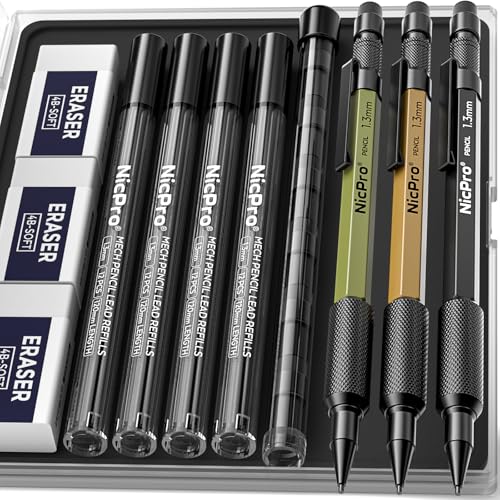 Nicpro 3 PCS 1.3 mm Mechanical Pencil Set with 48 Lead Refill, 3 Eraser - style: 3 Pack (Black Green Brown)