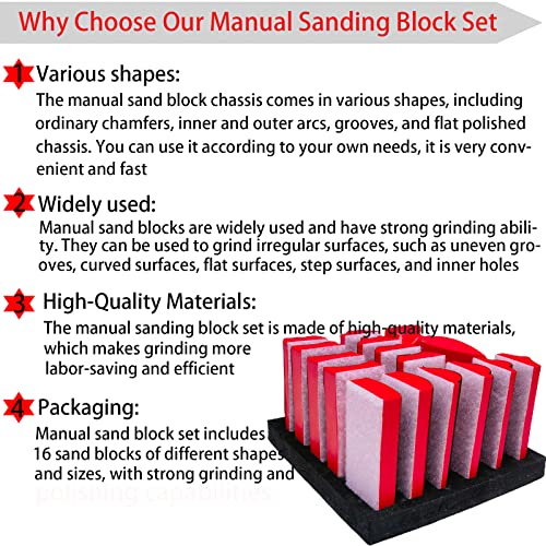 16-Piece Contoured Profile Hand Sanding Block Set with Hook and Loop Interchangeable Assorted Shapes Interchangeable Assorted Convex & Concave Shapes for Woodworking Furniture, Auto Paint and Crafts