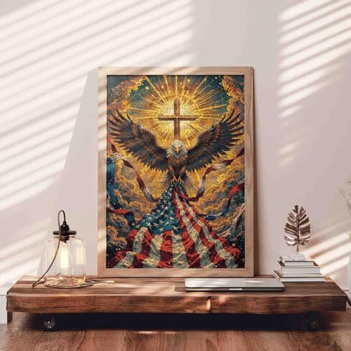 Bald Eagle Patriotic Jigsaw Puzzles American Flag Puzzle for Adults 1000 Pieces Christian Cross Jigsaw Puzzle Art 20 x 27 Inches 4th of July Family Puzzle Independence Day Art - color: American Flag-18