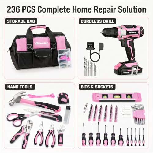 Bielmeier 20V 236Pcs Cordless Pink Drill Set for Women, Home Tool Kit