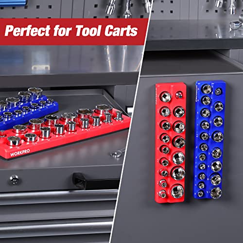 WORKPRO 1/2-inch Magnetic Socket Organizer Set, 2-Piece SAE & Metric Magnetic Socket Holders, Holds 35 Standard Sockets for Tool Box, Tool Carts (Sockets Not Included) - size: 1/2" SAE&Metric