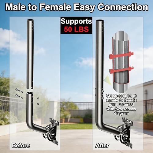 28" Heavy Duty Adjustable Antenna Wall Mount – 430 Stainless Steel J-Pole Solid Mast Bracket for Starlink (Adapter Required), TV Antennas, Weather Stations – 1.38" OD Pivot Base (2-Pack Silver) - color: 28‘’ Long Wall Mount Silver 2-Pack