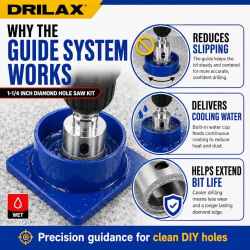 Drilax 1-1/4 Inch Diamond Hole Saw with Water Guide, Tile Drill Bit for Ceramic Porcelain Glass, Quartz Granite Countertop Drill Bit, Wet Cutting Kit with 3/8 Inch Shank - size: 1-1/4 inch
