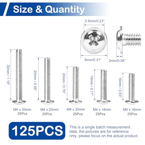 125Pcs Cabinet Pulls Knobs Screws Assortment Kit, M4 x 16/18/20/25/30mm - size: M4 x 0.63/0.71/0.79/0.98/1.18"