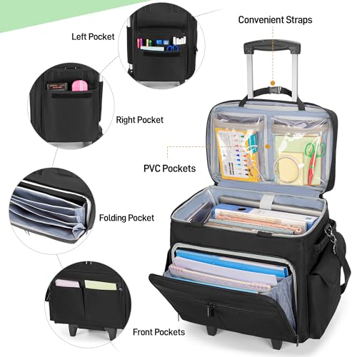 Trunab Rolling Teacher Bag with Expandable File Pocket Detachable Trolley | Teacher Tote Bag with Wheels for up to 15.6 Inches Laptop (Patented Design) - color: Black
