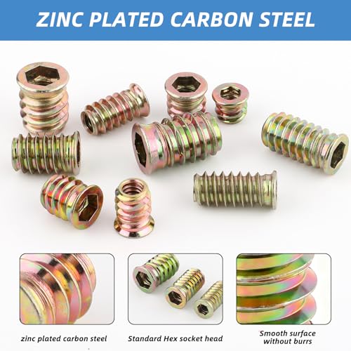 191 PCS Threaded Inserts for Wood, 10 Sizes-1/4-20, 5/16"-18, 3/8"-16 Threaded Wood Inserts Assortment Kit, Carbon Steel Screw in Nut with Hex Wrench for Home Office Furniture