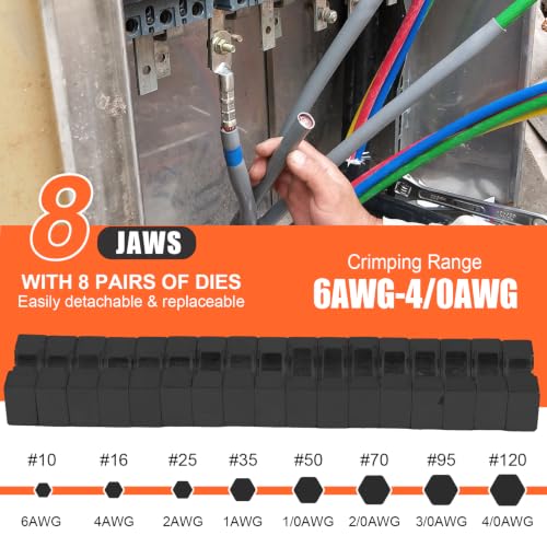 HZLZRZ Hydraulic Crimping Tool 12 Tons, Range 8AWG-4/0AWG(250MCM), Hydraulic Cable Lug Crimper with Standard US 9 Pairs of Dies for Wire Battery Cable Terminal Crimping Tool