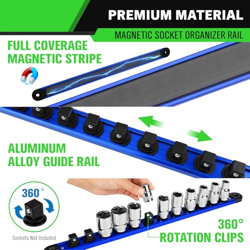 1/2-Inch Magnetic Socket Organizer Rail, Aluminum Alloy Socket Rail, Heavy Duty Sockets Holder with 12 Clips, 360° Swivel Clip Tool Tray, Sockets Organizer for Tool Box Drawer (Blue) - style: Blue 1/2-inch