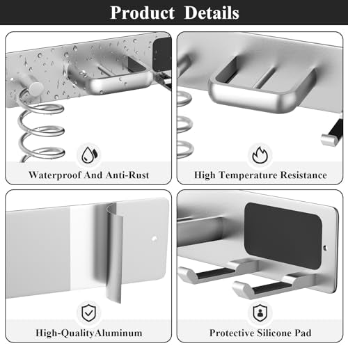Tindbea Hair Dryer Holder Wall Mount Aluminum Alloy Hot Tools Organizer - color: Silver