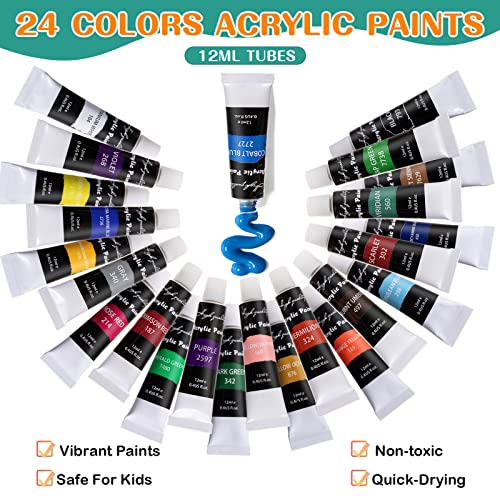 koseibal Kids Acrylic Paint Set with Canvas, Easel, More Art Supplies - color: 24 Acrylic Paints + Canvas & Easel