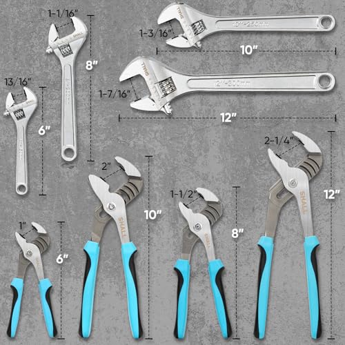 SHALL 8-Piece Adjustable Wrench & Water Pump Pliers Set, 12/10/8/6 Inch, 4Pcs Adjustable Tongue and Groove Joint Pliers and 4Pcs Wide Jaw Forged Steel Wrench for Plumbing, Gripping, Auto Home Repair