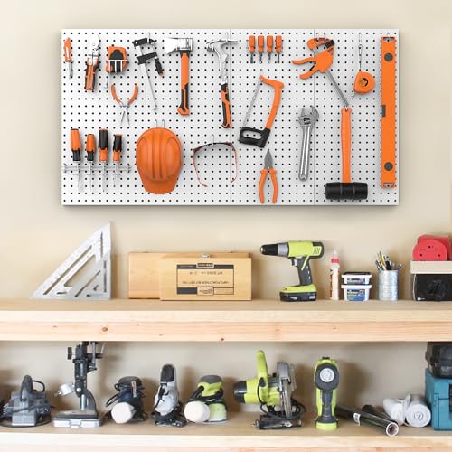 Pegboard Smith Metal Pegboard Panels 12" x 24", 4 Pack Grey Wall Mounted Tool Organizer Boards, Heavy Duty Tool Storage Peg Board for Garage, Workbench, Office, Fits 1/4" Peg Hooks - style: 4 Pack Grey Panels