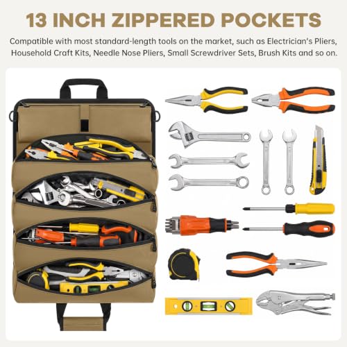 ANILD 13 Inch Regular Long Tool Bag Roll Up, Roll Up Tool Bag Organizer - color: Khaki, size: Regular