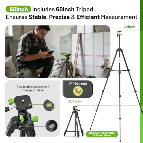 Laser Distance Measure 395 Feet with 60 Inch Tripod, Huepar Laser Distance Meter with Bluetooth & APP, Angle Sensor, 1/16in Accuracy Rechargeable Laser Measuring Tool, M/in/Ft Unit, Pythagorean Mode - size: 395Ft-Tripod