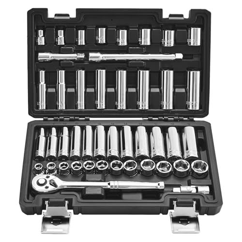 VEVOR Socket Set, 44 Pieces, 3/8 inch Drive Socket and Ratchet Set, SAE and Metric, Deep and Shallow, Mechanic Tool Kit with Accessories and Storage Case, CR-V Alloy Steel, for Automotive Repair - size: 44-PCS