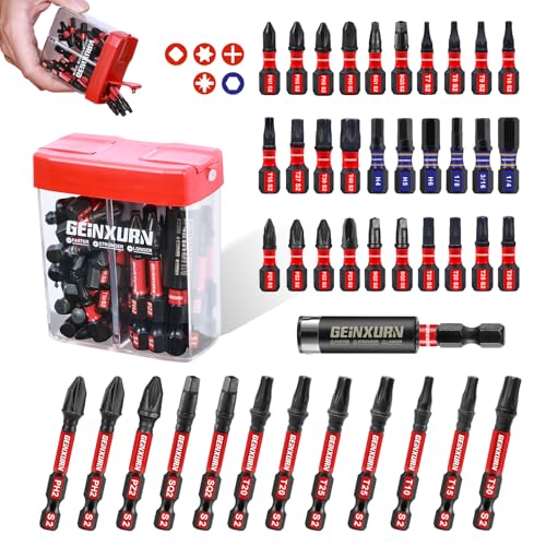 Geinxurn 43Pieces Impact Screwdriver Bits Set with Colorful Boxes, Magnetic (Phillips/Pozi/Square/Torx/Hex) S2 Steel Multi Driver Bits - color: Multi-bit, size: 1"2"-43PCS