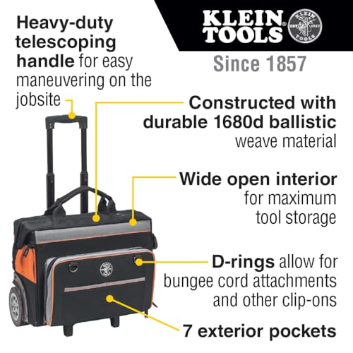 Klein Tools 55452RTB Tool Bag, Water Resistant Tool Storage Organizer Rolls on Rugged 6-Inch Wheels, 24 Pockets, Load Tested to 200-Pound - size: Rolling Tool Bag