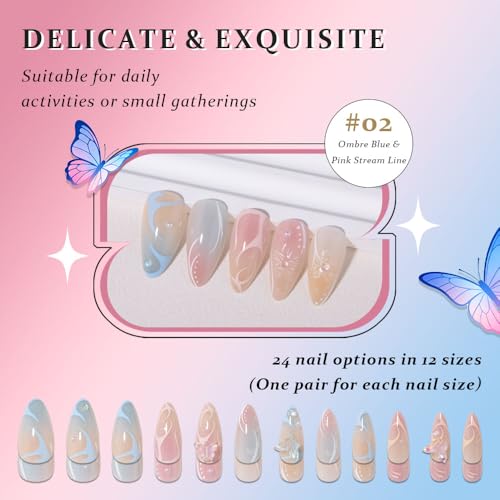 3D Flower Butterfly Press On Nails, Medium Almond Blue Pink with Floral Pearl & Cute Charms, Designer Reusable Acrylic Fake Nails for Women, Spring Summer Daily & Party Wear - color: LF-3386, size: 24 Pieces (Pack of 1)