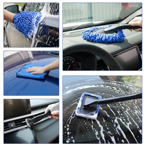 32-Piece Car Detailing Kit with Drill Brush Attachments & Polishing Pads – Professional Auto Detailing Brushes, Wheel & Tire Cleaning Tools with Storage Bag (Blue)