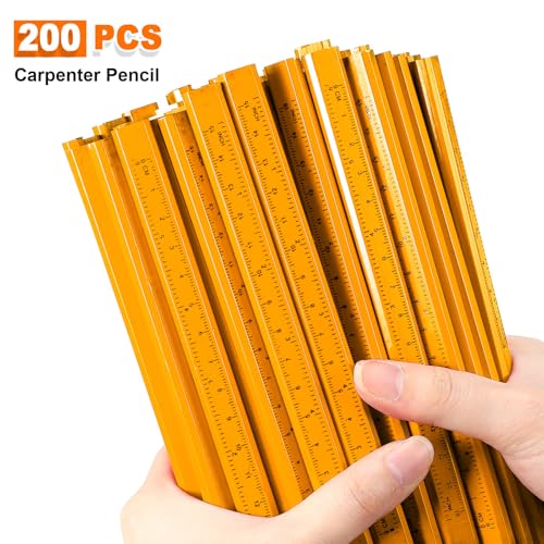 Honoson 200 Pcs Flat Construction Pencils with Printed Ruler Wood Graphite 2 Pcs Carpenter Pencil Sharpener for Woodworking Marking Tool(Wood) - color: Wood