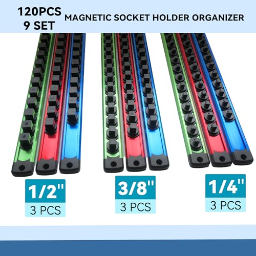 Magnetic Socket Organizer 9-Piece for 1/4, 3/8, 1/2 Sockets Red/Blue/Green