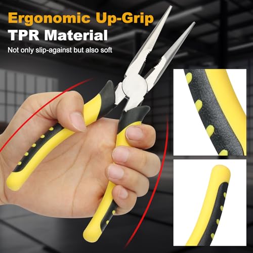 Premium 8-Inch Needle Nose Pliers, Heavy-Duty Steel Long Nose Cutting Pliers with Wire Cutter, Paper Clamp Precision, Anti-Slip Comfort Grip for Home, Fishing, Jewelry and Crafts