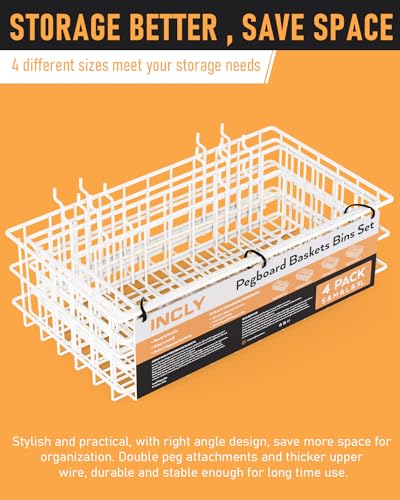 INCLY 4 Pack Pegboard Baskets Bins Set, White Metal Pegboard Accessories - color: White
