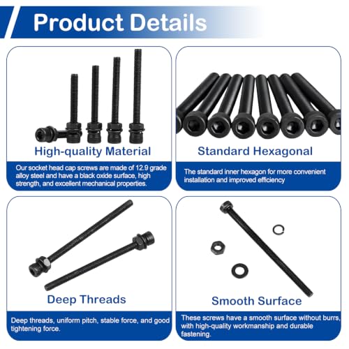 201Pcs M5 x 30-50mm Socket Head Cap Screws Assortment, with Nuts Washers - size: M5 Long Screws Kit