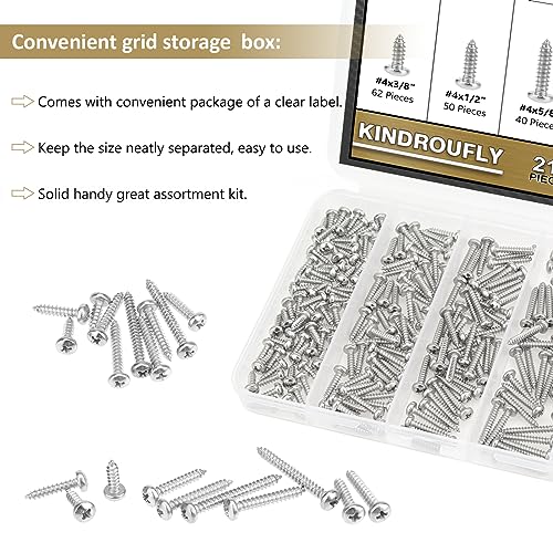 212 Pieces #4 x 3/8" 1/2" 5/8" 3/4" 1" Phillips Pan Head Self-Tapping Screws, Wood Screws Assortment Kit, 304 Stainless Steel - size: #4