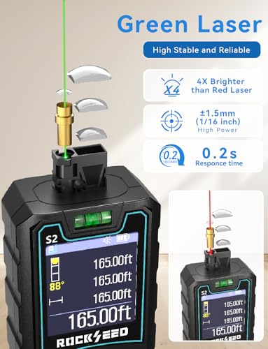 Laser Measuring Tool 165ft, RockSeed S2C Red Beam Laser Measure with Rotatable HD IPS Color Screen, 12 Measurement Modes, 3 Leveling Modes, 5 Units Switchable, for Stake Marking - color: Green Laser