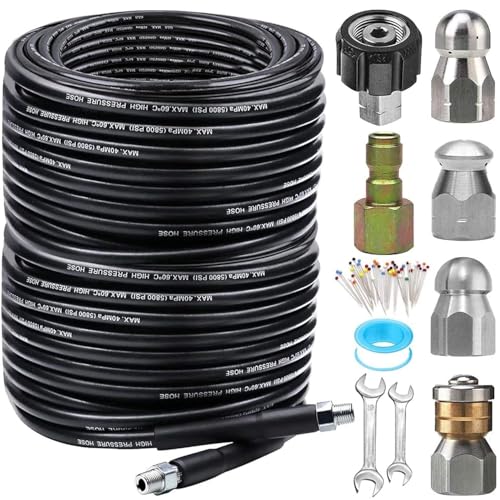 200FT Sewer Jetter Kit for Pressure Washer, 5800PSI Drain Cleaner Hose 1/4 Inch NPT Corner, Rotating and Button Hose Sewer Jetting Nozzle Pearl Corsage Pin Waterproof Tape with 2 Spanner - color: 200FT